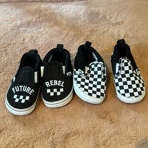 Vans slip ons. Soft soles. One checkerboard and one black with text. Size 4.
